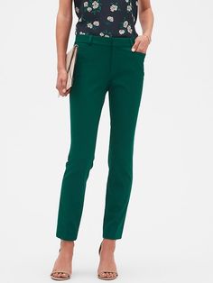 Solid Color 4-way Stretch Office Pants, Slim Fit Ankle-length Work Pants With Pockets, Green Tapered Leg Pull-on Pants, Green Ankle-length Elastane Pants, Fitted Pull-on Pants With 5-inch Inseam, Classic Wardrobe Staples, Petite Pants, Colored Pants, Professional Attire