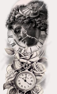 a drawing of a clock with roses around it and a woman's face in the middle