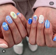 Cute Gel X Nails For Summer, West Coast Nails, Noah Kahan Nail Ideas, Salome Andrea Nails, Mismatched Summer Nails, Nail Inspo On Natural Nails, Blue Fruit Nails, Short Almond Nails With Design, Nantucket Nails