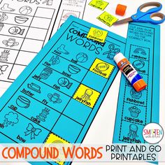 compound words print and go worksheet with scissors on the table next to them