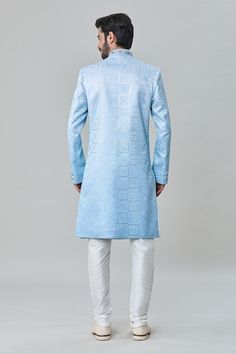 Shaded sky blue sherwani with all over floral tile embroidery. Paired with churidar. - Aza Fashions Fitted Light Blue Kurta For Diwali, Light Blue Fitted Kurta For Festivals, Fitted Designer Light Blue Kurta, Sky Blue Sherwani, Tile Embroidery, Blue Floral Art, Blue Sherwani, Floral Tile, Floral Tiles