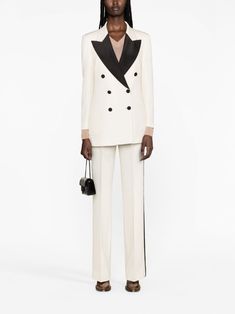 Find GUCCI Two-tone Wool Blazer on Editorialist. white/black wool shoulder pads satin peak lapels double-breasted button fastening long sleeves chest welt pocket two side patch pockets straight hem Designer Blazers, Blazer Designs, City Dress, Wool Trousers, Long Sleeve Blazers, Summer Beach Wear, White Blazer, Side Stripe, Ski Wear