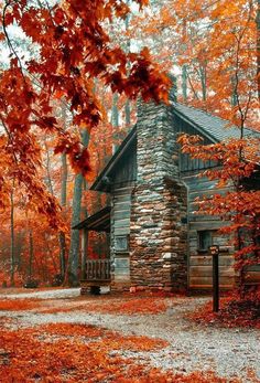 an old log cabin in the woods surrounded by fall foliage and trees with red leaves