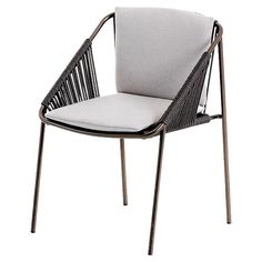 an outdoor chair with a white cushion and metal frame, viewed from the front view