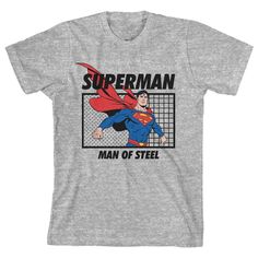 Show off your favorite superhero in this one-of-a-kind tee! The Superman Man of Steel Youth Boy's Heather Gray T-Shirt is a comfy short-sleeve design made of 100% soft, premium cotton for comfortable all-day wear. This kids heather gray tee features vintage style artwork of the Man of Steel on the front. It's been professionally printed to ensure long-lasting color clarity and quality. The Superman Man of Steel Youth Boy's Heather Gray T-Shirt is a super cool addition to any wardrobe and makes a Superhero Short Sleeve T-shirt With Character Print, Front Print Short Sleeve T-shirt For Fan Conventions, Pop Culture Short Sleeve T-shirt With Front Print, Pop Culture Front Print Short Sleeve T-shirt, Superhero T-shirt For Fan Conventions, Pre-shrunk Superhero T-shirt For Fan Conventions, Superhero Pre-shrunk T-shirt For Fan Conventions, Fandom Short Sleeve Cotton T-shirt, Fandom Cotton Short Sleeve T-shirt