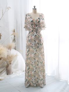 Summer Bridesmaid Gown With V-neck, Chiffon V-neck Gown For Banquet, White V-neck Maxi Dress For Banquet, Summer V-neck Gown For Wedding Guest, Floral Print V-neck Wedding Dress, V-neck Floral Print Dresses For Wedding, Floral Print V-neck Dresses For Wedding, Fitted Maxi Length V-neck Wedding Dress, V-neck Floral Print Dress For Wedding Guest