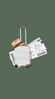 an illustration of luggage with boarding tags and a hat on the handle, against a green background