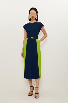 Statuesque With Contrasting Detail, This Midi Dress Is Tailored With Cap Sleeves And A Round Neck, While An A-Line Skirt Is Pleated For A Contemporary Touch. Pair With Barely-There Heels And Accessories For Stand-Out Occasionwear.Contrasting Detailpleatedcap Sleeves Dress Suits For Women Classy, Two Tone Dresses, Panel Skirt, Spring Wedding Guest Dress, Petite Business Casual, Ibiza Outfits, Soft Tailoring, Fall Wedding Guest Dress, Bachelorette Outfits