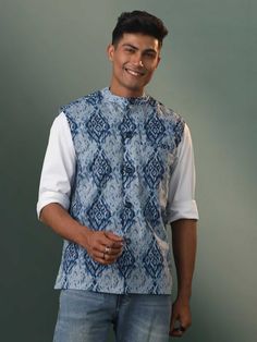 vastramay mens blue printed nehru jacket Blue Nehru Jacket For Semi-formal Occasions, Formal Blue Outerwear With Stand Collar, Blue Cotton Nehru Jacket With Long Sleeves, Formal Blue Nehru Jacket With Stand Collar, Blue Formal Nehru Jacket With Stand Collar, Blue Long Sleeve Bandhgala For Semi-formal Occasions, Blue Cotton Long-sleeve Bandhgala, Blue Cotton Long Sleeve Bandhgala, Nehru Jacket