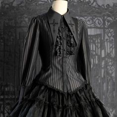 Gothic Fitted Blouse For Costume, Gothic Long Sleeve Top For Costume, Fitted Gothic Blouse For Costume, Black Gothic Blouse For Alternative Fashion, Black Gothic Blouse For Formal Occasions, Fitted Black Blouse For Halloween, Fitted Long Sleeve Cosplay Blouse, Gothic Formal Tops With Ruffles, Gothic Fitted Long Sleeve Corset