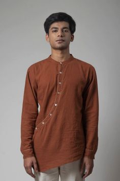 Brown Cotton Shirt | Brown Shirt | Angrakha Shirt Casual Brown Cotton Tops, Traditional Cotton Tops With Collar, Brown Relaxed Fit Top With Placket, Classic Cotton Long Sleeve Kurta, Brown Cotton Tops With Buttons, Cotton Long Sleeve Tops With Placket, Classic Long Sleeve Cotton Kurta, Long Sleeve Cotton Tops With Placket, Long Sleeve Cotton Top With Placket