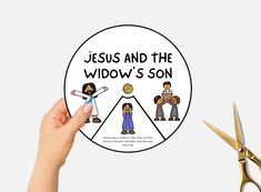 someone holding up a sticker with the words jesus and the widow's son