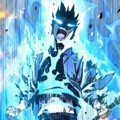 an anime character standing in front of a blue background with black and white designs on it