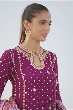 Purple Chanderi Kurta With Mirror Work, Purple Long Sleeve Sets With Mirror Work, Purple Semi-stitched Kurta With Mirror Work, Semi-stitched Purple Kurta With Mirror Work, Elegant Purple Straight Kurta, Purple Sharara With Zari Work And Straight Kurta, Purple Straight Kurta Set With Mirror Work, Designer Purple Kurta With Resham Embroidery, Purple Sharara With Resham Embroidery And Straight Kurta