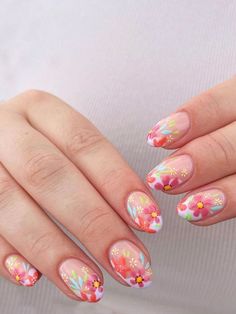 Colorful Nails, Summery Nails, Cute Gel Nails, Manicure Y Pedicure, Floral Nails, Nail Arts, Nail Shapes, Nail Kit, Gorgeous Nails