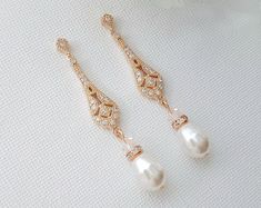 Rose Gold Bridal Earrings Wedding Jewelry Long Pearl Crystal | Etsy Pearl Drop Earrings Bridal, Rose Gold Bridal Earrings, Long Pearl Earrings, Gold Bridal Earrings, Wedding Earrings Drop, Vintage Style Earrings, Earrings Rose Gold, Rose Gold Bridal, Pearl Crystal