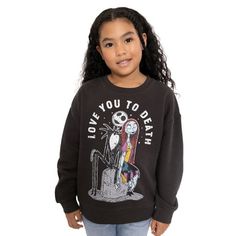 Introducing the Nightmare Before Christmas Girls Oversized Graphic Crewneck! Available in sizes 4-12, this crewneck is perfect for young fans of the classic Tim Burton film. Featuring an oversized fit for ultimate comfort, this crewneck is crafted in soft and cozy fabric that's perfect for all-day wear. The graphic print on the front showcases iconic characters from the movie, including Jack Skellington and Sally, adding a touch of spooky charm to your child's wardrobe. With its classic crewneck design and ribbed cuffs and hem, this sweatshirt offers a relaxed yet stylish look that's perfect for casual outings, movie nights, or Halloween parties. Size: 4-5.  Color: Black.  Gender: female.  Age Group: kids. Nightmare Before Christmas Girl, Nightmare Before Christmas Clothing, Big Hoodies, Minnie Mouse Girl, Nightmare Before Christmas Halloween, Christmas Barbie, Crewneck Design, Halloween Hoodie, Hooded Sweatshirt Men