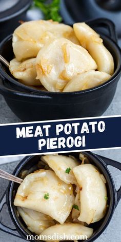 two pictures of meat pots with broccoli in them and the words meat potato piergi above it