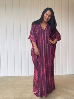 "DETAILS * Oversized * Bust/Waist/Hips 37\" wide, circumference 72\" * Approx. 50\" & 52\" long from shoulder to hem * V neckline both front & rear * Loose silhouette * Side slits * Slipover style * Rayon fabric with hand tie dye * Gentle machine wash with low heat dry, first wash separately * Model tall 5'4\"/164 cm. wearing 55\" L. * Style CM" Tie-dye Free Size Kaftan For Beach Cover-up, Flowy Tie-dye Tunic Kaftan, Tie Dye Flowy Tunic Kaftan, Flowy Tie Dye Kaftan Tunic, Tie Dye Free Size Kaftan For Beach Cover-up, Spring Tie Dye Maxi Kaftan, Tie Dye Long Kaftan For Beach Cover-up, Tie Dye Maxi Kaftan For Vacation, Long Tie-dye Dress For Beach Cover-up