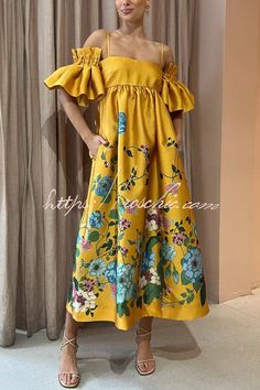 Sweetest Marigold Printed Gathered Sleeve Pocketed A-line Midi Dress Cami Maxi Dress, Yellow Midi Dress, Party Kleidung, Gathered Sleeves, Style Party, Multicolor Dress, Linnet, Yellow Print, Vestido Casual