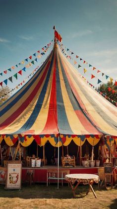 a large circus tent with flags and tables