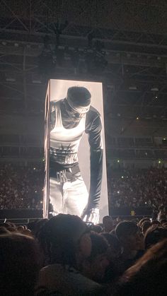 a man standing on top of a giant screen in front of a crowd at a concert