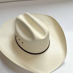 Mint Condition Smoke Free Home Sturdy Construction Leather Band Around Head 3 Vertical Air Holes Please Refer To Photos For Further Measurements Sku E-14 Classic White Straw Hat For Ranch, Classic White Straw Hat For Rodeo, Custom White Hat For Rodeo, White Western Top Hat With Flat Brim, White Southwestern Adjustable Hat, Adjustable White Southwestern Hat, Custom White Rodeo Hat, White Single Vent Straw Hat For Western-themed Events, Cream Cowboy Hat