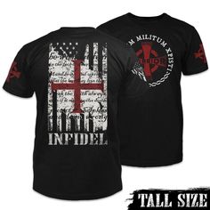 The American Infidel - Tall Size Shirt from Warrior 12 combines bold style with a perfect fit. Designed specifically for tall individuals, this shirt offers unmatched comfort and durability. Featuring a striking design, this tall size shirt showcases a powerful statement. The high-quality fabric ensures a comfortable wear, while the tall size provides an ideal fit for those who need it. The American Infidel Shirt is more than just apparel; it's a statement. Whether you're out and about or attend Cabinet Under Sink, Patriotic Slogans, Grunt Style Shirts, Marine Corps Gift, Templar Knights, Usa Shirts, Teespring Shirts, American Flag Art, Mens Printed T Shirts