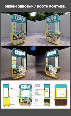 three different views of an outdoor kiosk with the words zuka on it