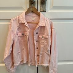 Pol Pink Distressed Oversized Denim Jacket. Never Worn. Size Medium - Ripped Cotton Outerwear For Summer, Spring Denim Jacket With Frayed Hem For Day Out, Relaxed Fit Outerwear With Frayed Hem For Day Out, Spring Brunch Long Sleeve Denim Jacket, Pink Washed Long Sleeve Outerwear, Spring Ripped Button-up Denim Jacket, Trendy Distressed Spring Outerwear, Trendy Distressed Outerwear For Spring, Oversized Ripped Outerwear For Spring