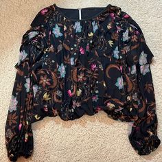 Never Worn! Black Floral Print Blouse For Fall, Black Floral Print Tops For Fall, Free People Blouse, Free People Black, Free People Tops, Black And Brown, Free People, Top Blouse, Blouses