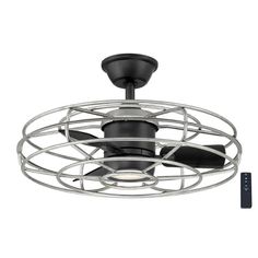 a ceiling fan that is on top of a white wall with a metal cage around it