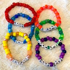 Handmade Kandi Raver Rainbow Word Bracelets -This Listing Is For The 6 Bracelets Pictured Above. Handmade With One Size Fits Most Stretchy Cord Unique And Fun For Your Next Rave Or Festival! Check Out My Closet For More Kandi Goodies, And Create Your Own Personalized Bundle For The Best Deal! Edm Edc Raver Babe Shy Joyful Green Yellow Red Orange Blue Purple 420 Party Kandi Bracelets Jewelry Beads Plur Glitter Outfit Accessories Rainbow Y2k 90s Neon Trippy Mushroom Matching Rubber Band Bracelets, Funny Kandi Bracelets Sayings, Kandi Bracelets Rave, Kandi Jewelry, Pony Bead Animals, Word Bracelets, Rave Kandi, Fan Bracelet, Trippy Mushroom