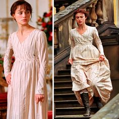 two pictures of women in white dresses walking up the stairs and down the stairs with their hands on their hips