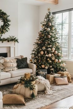 a living room with a christmas tree in the corner