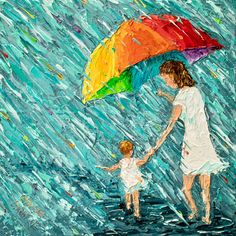 a painting of a mother and daughter holding hands under an umbrella in the rain,