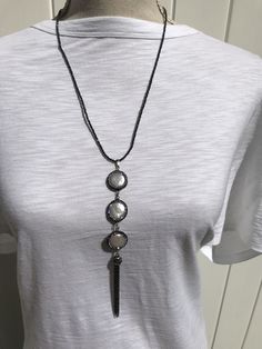 "Tassel Necklace. Sparkling CZ paved Natural Coin Pearl edge. Coin pearls are approximately 1,5 mm in diameter.  Natural Black Hematite Beads Chain Length approx 26\". Tassel length 2.5 - 3\"    uniquely designed, handcrafted eye-catching necklace. Elegant and casual in the same time.  Appropriate for any occasion.  great gift for jewelry loving women." Pearl Necklace Long, Long Pearl Necklaces, Necklace Elegant, Coin Pearls, Necklace Unique, Hematite Beads, Wedding Jewellery Necklace, Necklace Long, Wedding Necklace