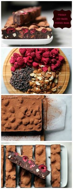 chocolate desserts with raspberries, almonds and nuts are arranged on plates