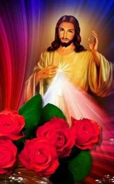 the jesus is surrounded by red roses in front of a blue and purple background with light rays