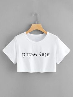 Latest T Shirt, Cropped Tops, Short Sleeve Pullover, Shein Style, Printed Tees, Letter Print, Look Fashion