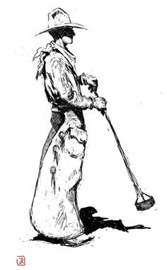 a black and white drawing of a man with a shovel in his hand holding a bag