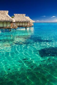 the water is crystal blue and clear with some huts on stilts in the background