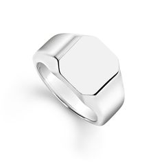 Smooth sterling silver forms this octagon signet ring. Timeless White Gold Octagon Ring, Timeless Octagon White Gold Rings, Classic White Gold Octagon Ring, Classic Octagon White Gold Rings, Modern White Gold Octagon Ring, Classic Octagon Signet Promise Ring, Octagon Sterling Silver Ring For Formal Occasions, Octagon Signet Ring With Polished Finish For Anniversary, Sterling Silver Octagon Ring