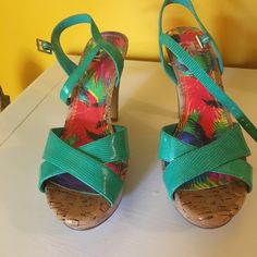 These Heels Are In Mint Condition, Never Worn, Size Seven, Turquoise Color, Super Cute Design. Let Me Know If You Have Any Questions, Gianni Bini Brand From Dillard's, Tropical Design. Casual Green Heels With Heel Strap, Green Heels With Heel Strap For Beach, Turquoise Round Toe Heels For Spring, Turquoise Round Toe Heels For Summer, Green Wedge Heels With Heel Strap, Spring Green Wedge Heels, Turquoise Ankle Strap Heels For Summer, Turquoise High Heels For Summer, Summer Turquoise Ankle Strap Heels