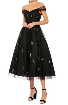 Mac Duggal Off the Shoulder Beaded Chiffon Midi Dress | Nordstrom Short Wedding Guest Dresses, Off Shoulder Cocktail Dress, Tulle Cocktail Dress, Midi Gowns, Embellished Midi Dress, Beaded Chiffon, Chiffon Midi Dress, Mac Duggal, Tea Length Dresses