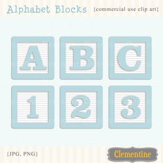 alphabet blocks with numbers and letters on them in light blue, white and gray colors