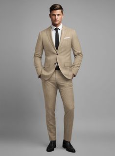 Embrace sustainable sophistication with our Noble Dark Beige Wool Silk Linen Suit, for the conscious gentleman who refuses to compromise on style. Woven from an exquisite mix of wool, silk, and linen, it features a solid pattern and a dark beige hue, exuding an aura of understated dignity. This ensemble not only reflects ethical fashion but also embodies enduring grace, ensuring the wearer leaves a significant impact. Whether attending a high-profile gala, stylish parties, or an important busine Classic Linen Suits For Workwear, Elegant Linen Tweed Jacket With Welt Pockets, Timeless Beige Linen Suit, Luxury Linen Tweed Jacket For Business, Luxury Linen Business Tweed Jacket, Elegant Linen Tweed Jacket For Work, Luxury Linen Tweed Jacket For Business Casual, Elegant Linen Tweed Jacket For Business, Tailored Beige Linen Suit