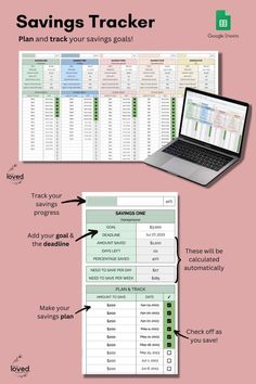 a laptop computer sitting on top of a desk next to a spreadsheet with the words saving tracker