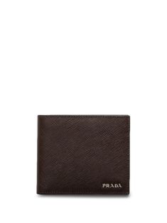 coffee brown Saffiano leather textured finish bi-fold design logo lettering debossed internal logo internal card slots internal note compartments Designer Brown Leather Wallet, Luxury Saffiano Leather Rectangular Wallet, Luxury Brown Wallets With Main Compartment, Luxury Modern Brown Wallets, Prada Saffiano Wallet, Prada Wallet, Prada Saffiano, Pocket Books, Leather Texture