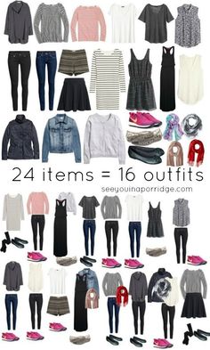 an image of clothes and shoes with the words, 24 items = 16 outfits